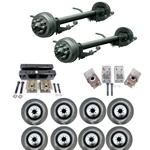 Two Dexter® 10,000 lbs. electric brake trailer axles with a 74" track and 46" spring centers, hangers, equalizers, u-bolts, hangers, and springs with eight 21575R17.5 dual wheels and tires.